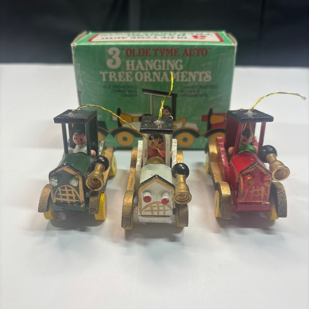 3 Olde Tyme Auto Hanging Christmas Tree Wooden Ornaments Vintage In Box Vtg